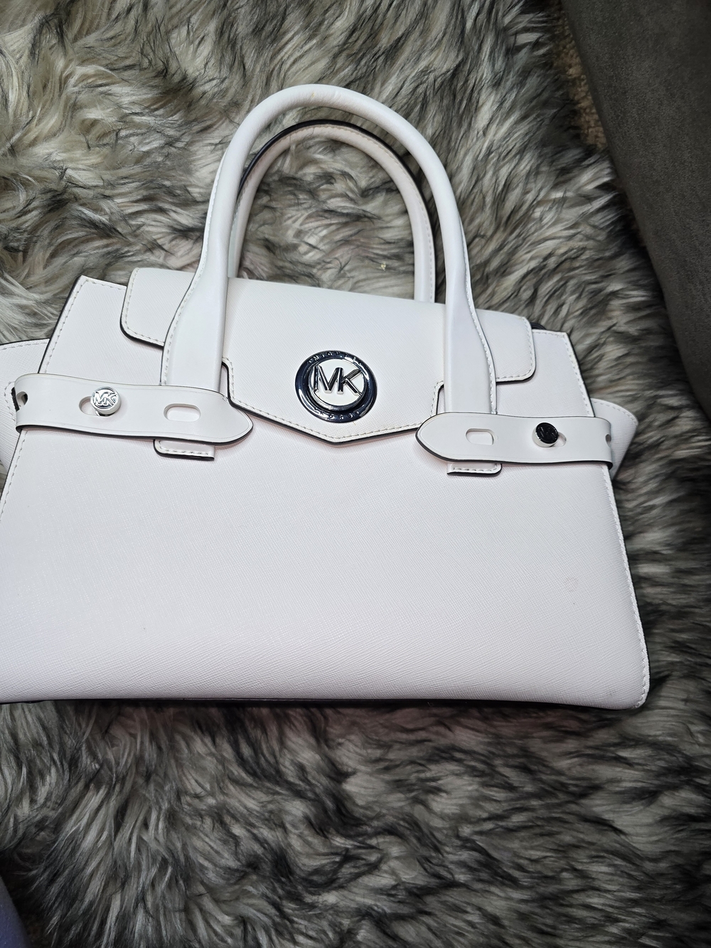 Michael Kors White Saffiano Satchel with Silver Logo